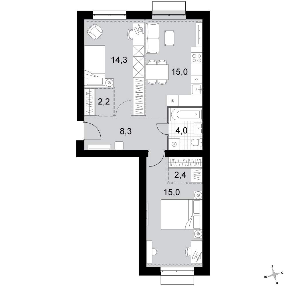 3-комнатная 61 м2 в ЖК Дубровицы Клаб корпус null этаж 3