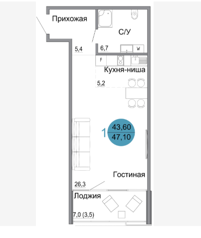 Студия 47.1 м2 в ЖК undefined корпус null этаж 1