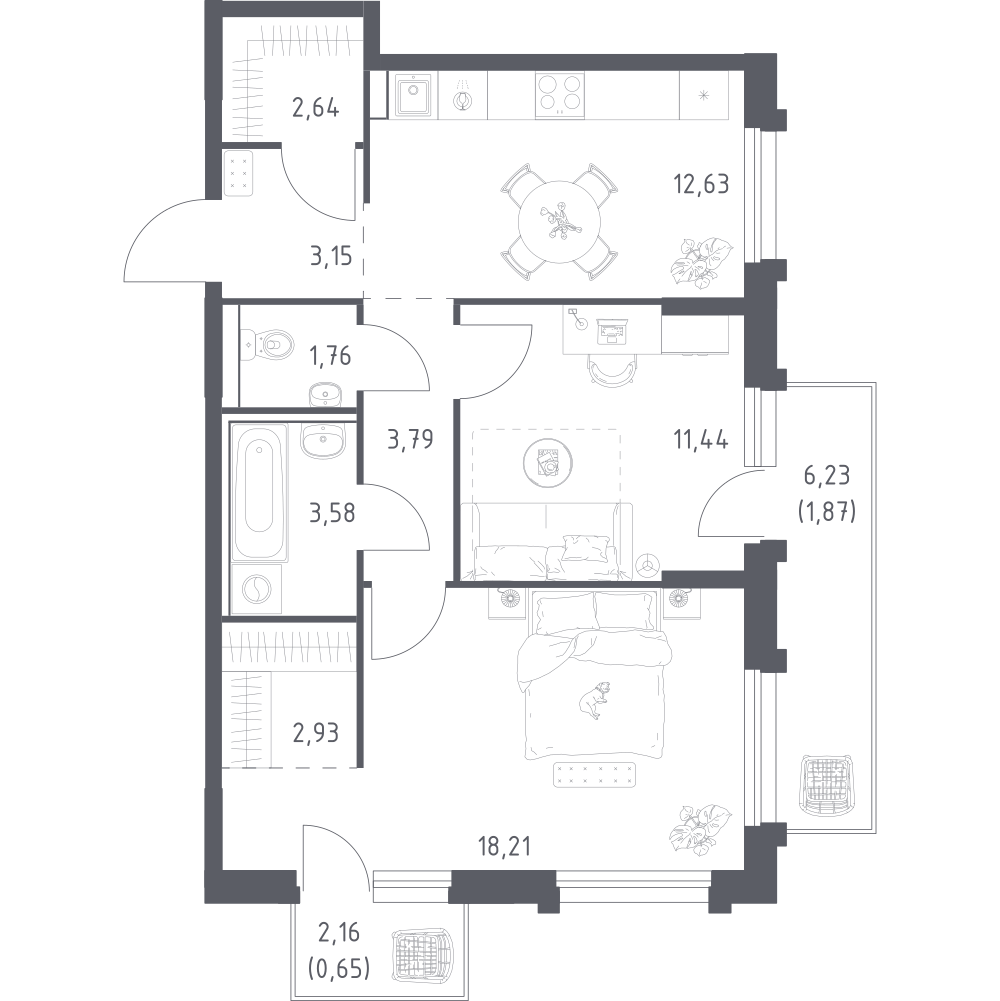 2-комнатная 62 м2 в ЖК Рябиновая Роща корпус null этаж 12