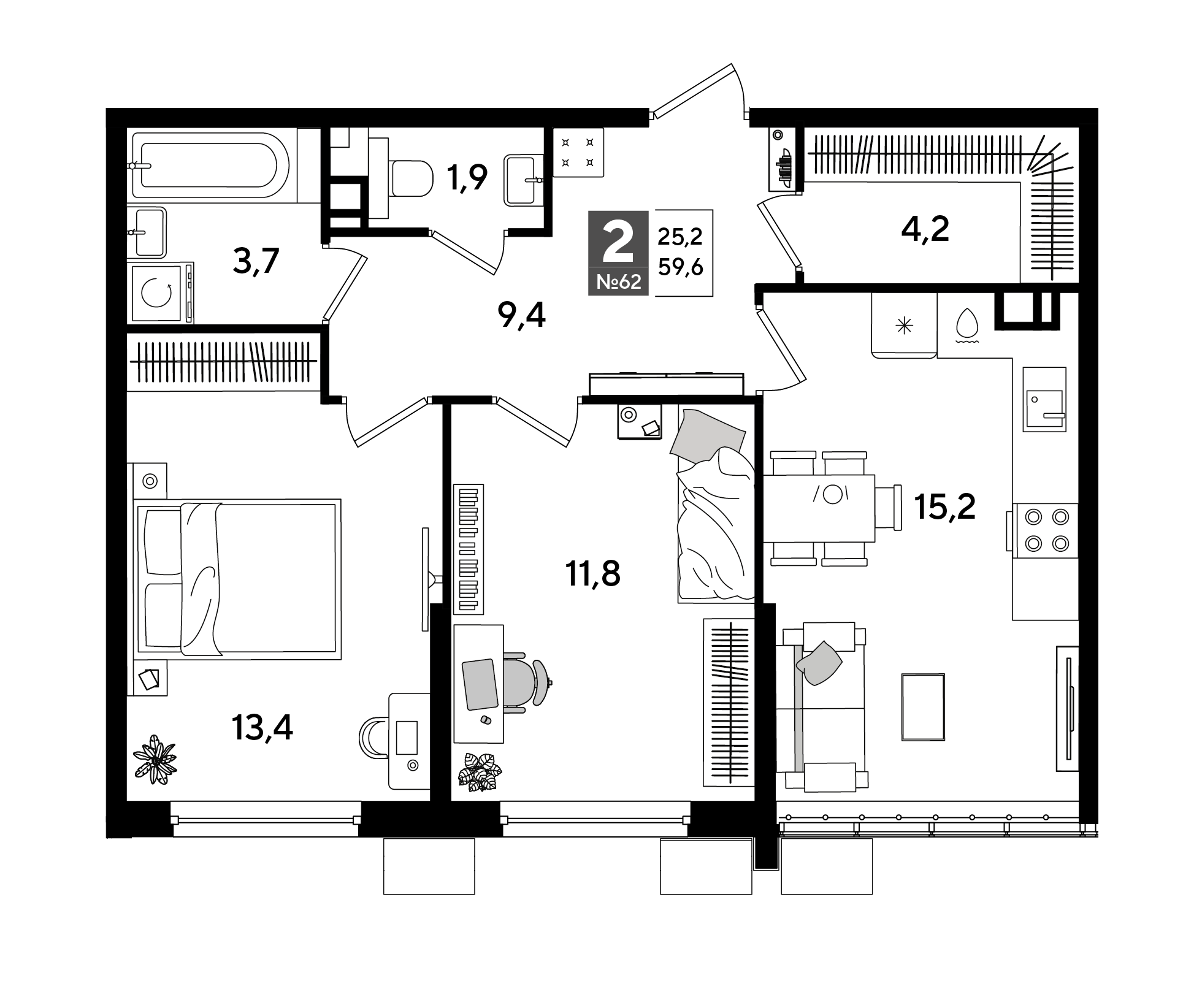 2-комнатная 59 м2 в ЖК Догма Парк корпус null этаж 9