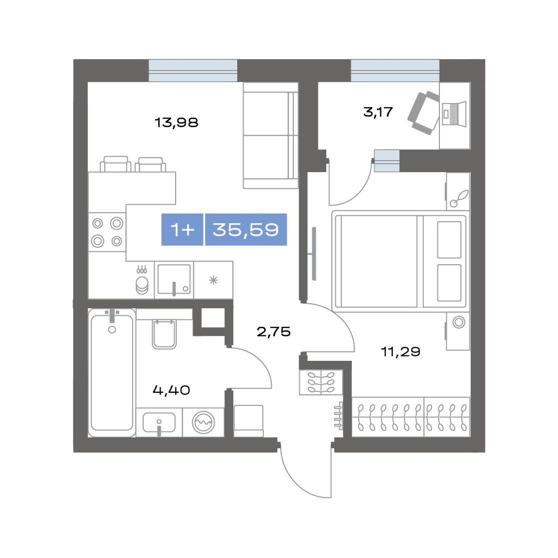 1-комнатная 35 м2 в ЖК Пятнашка корпус null этаж 9