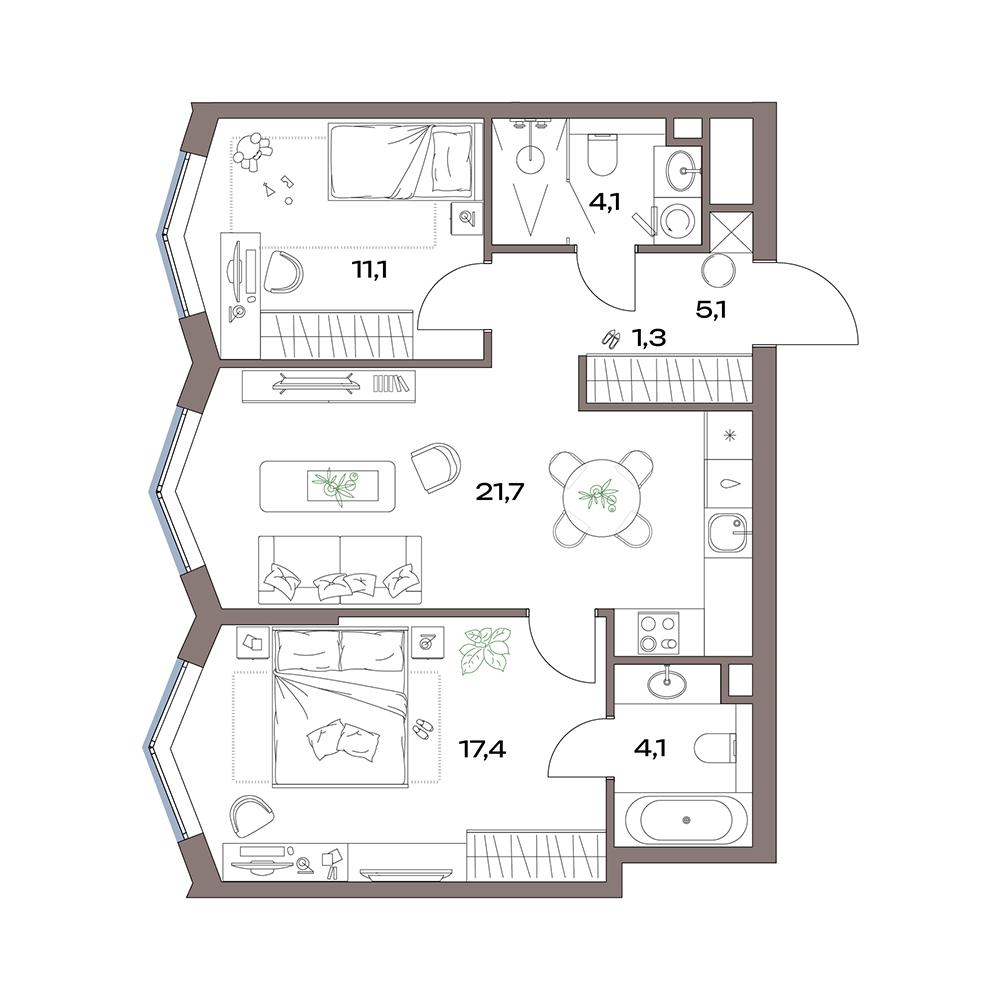 3-комнатная 64 м2 в ЖК Акценты корпус null этаж 10