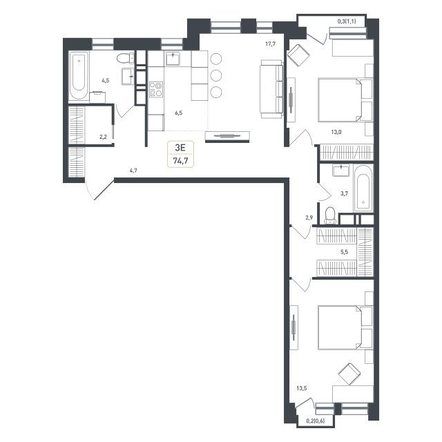3-комнатная 77 м2 в ЖК Новая Щербинка корпус null этаж 6