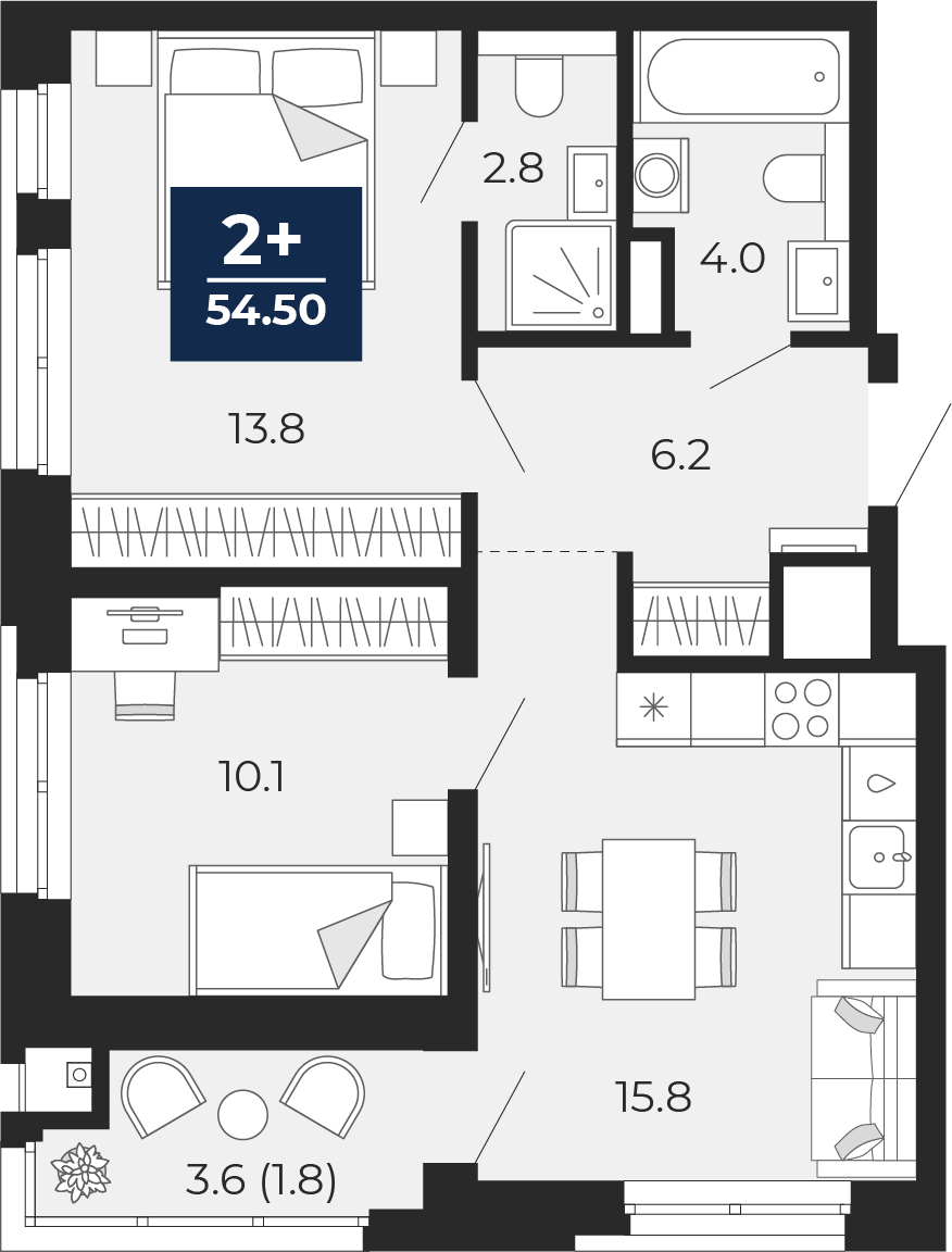 2-комнатная 52 м2 в ЖК Мириады корпус null этаж 3