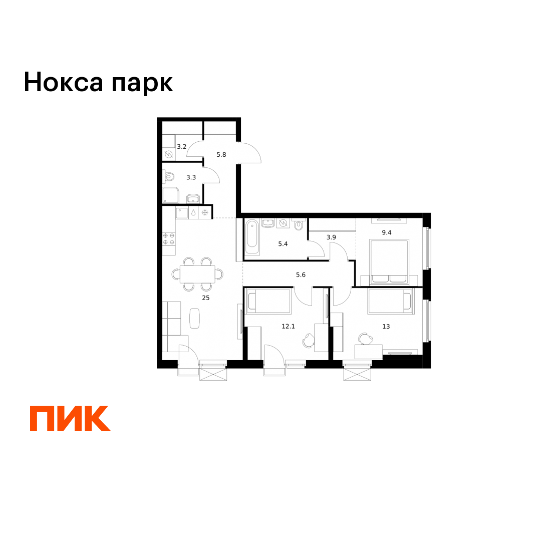 3-комнатная 86 м2 в ЖК Нокса парк корпус null этаж 13