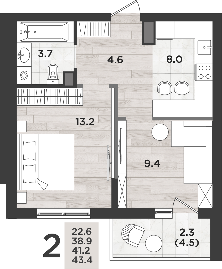 2-комнатная 41 м2 в ЖК Альпенштадт корпус null этаж 14