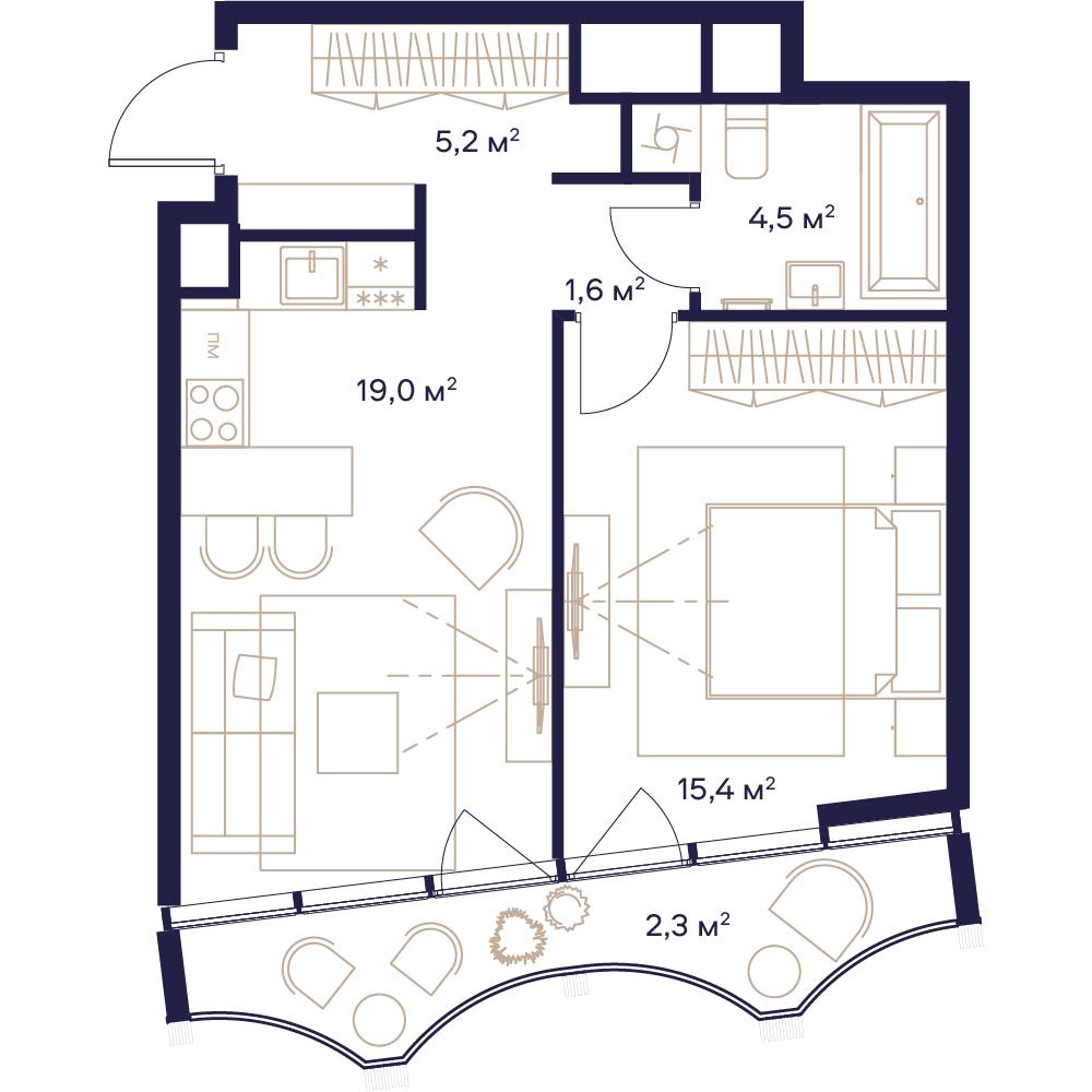 1-комнатная 48 м2 в ЖК Союз корпус null этаж 14