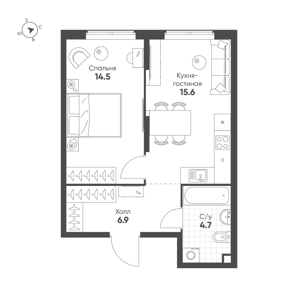 1-комнатная 41 м2 в ЖК Солнечный корпус null этаж 6