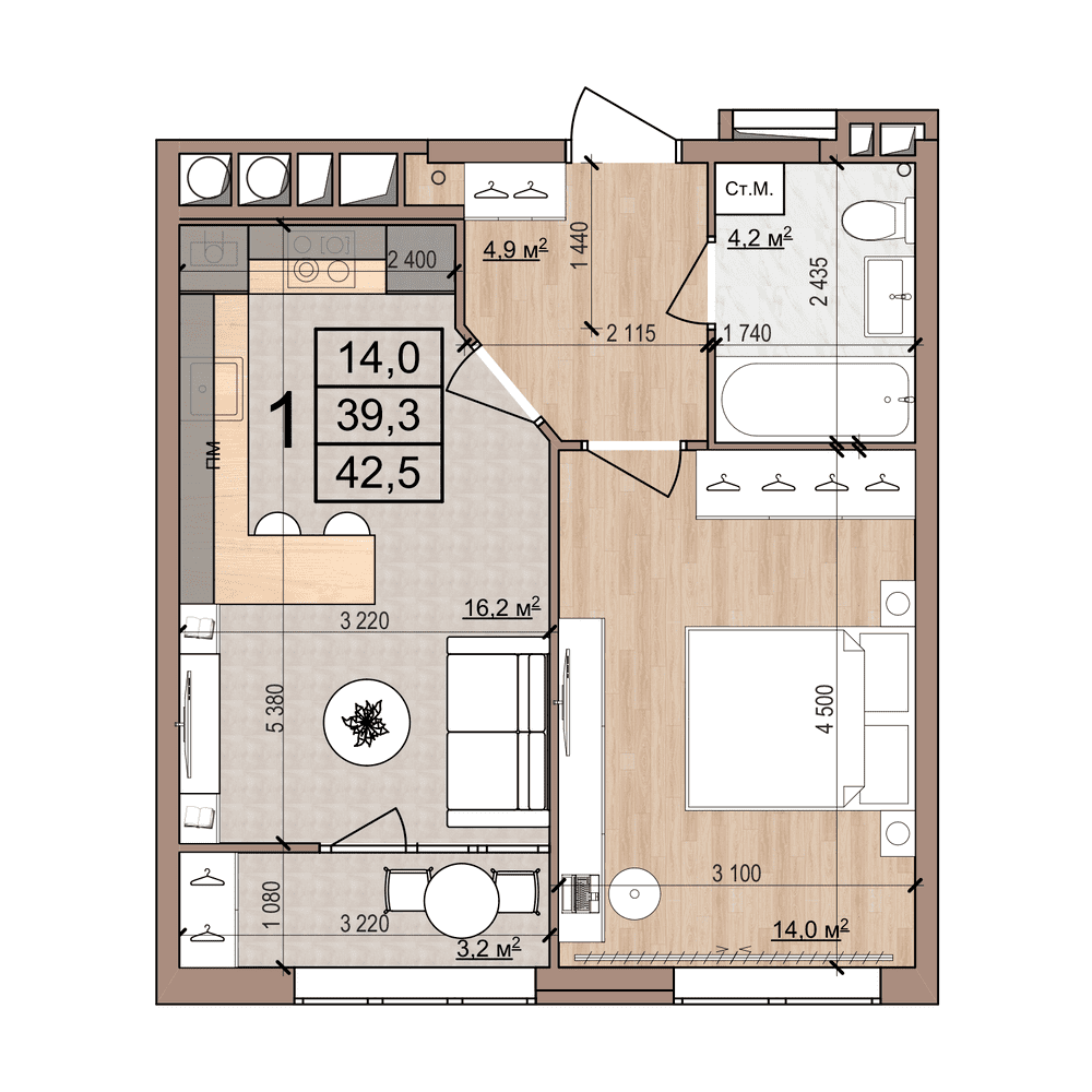 1-комнатная 42 м2 в ЖК Skyline-2 корпус null этаж 10