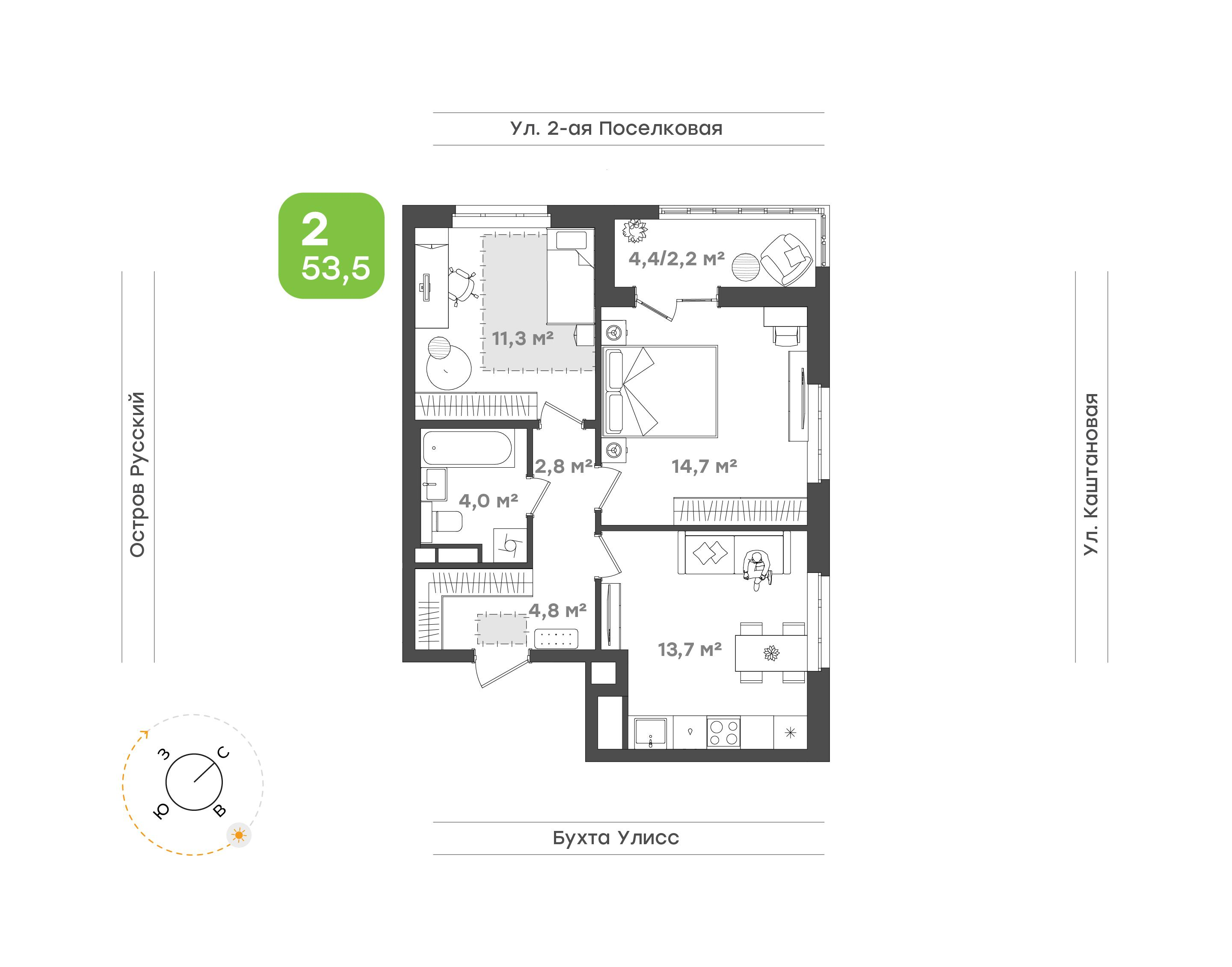 2-комнатная 53 м2 в ЖК Семейный квартал «Гавань» корпус null этаж 10