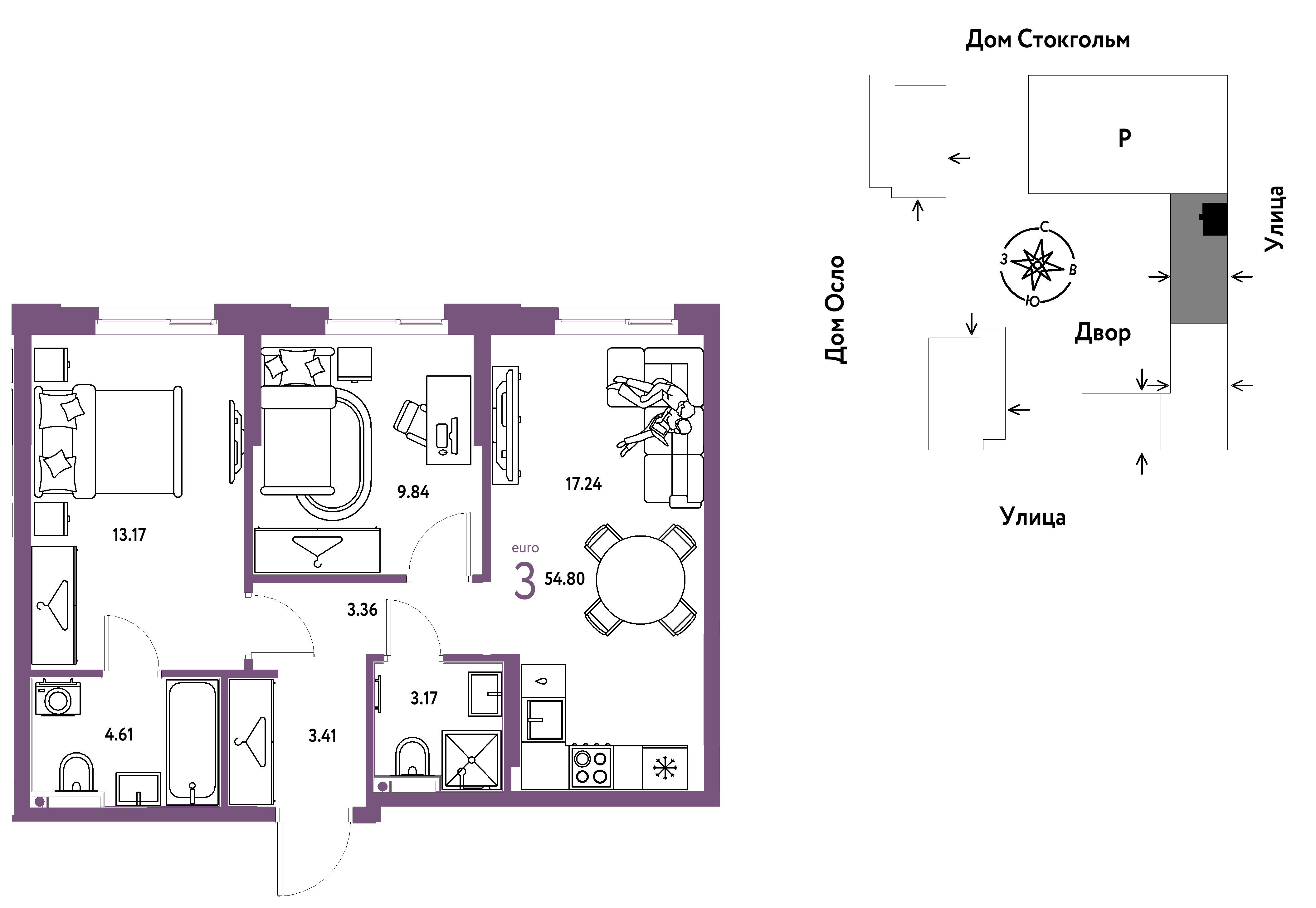 3-комнатная 54 м2 в ЖК Европейский берег 2.0 корпус null этаж 11