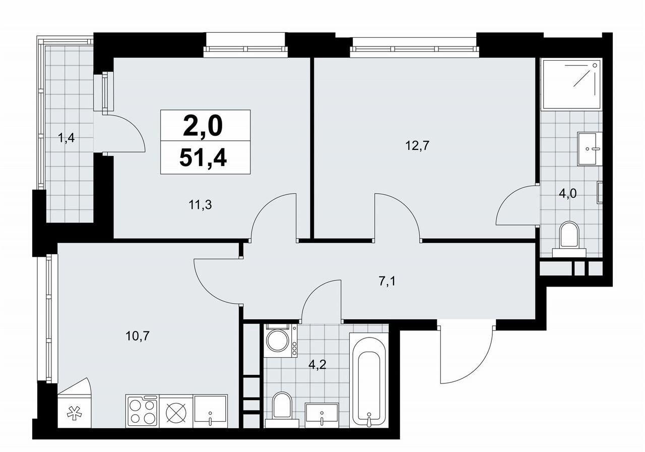 2-комнатная 51.4 м2 в ЖК undefined корпус null этаж 12