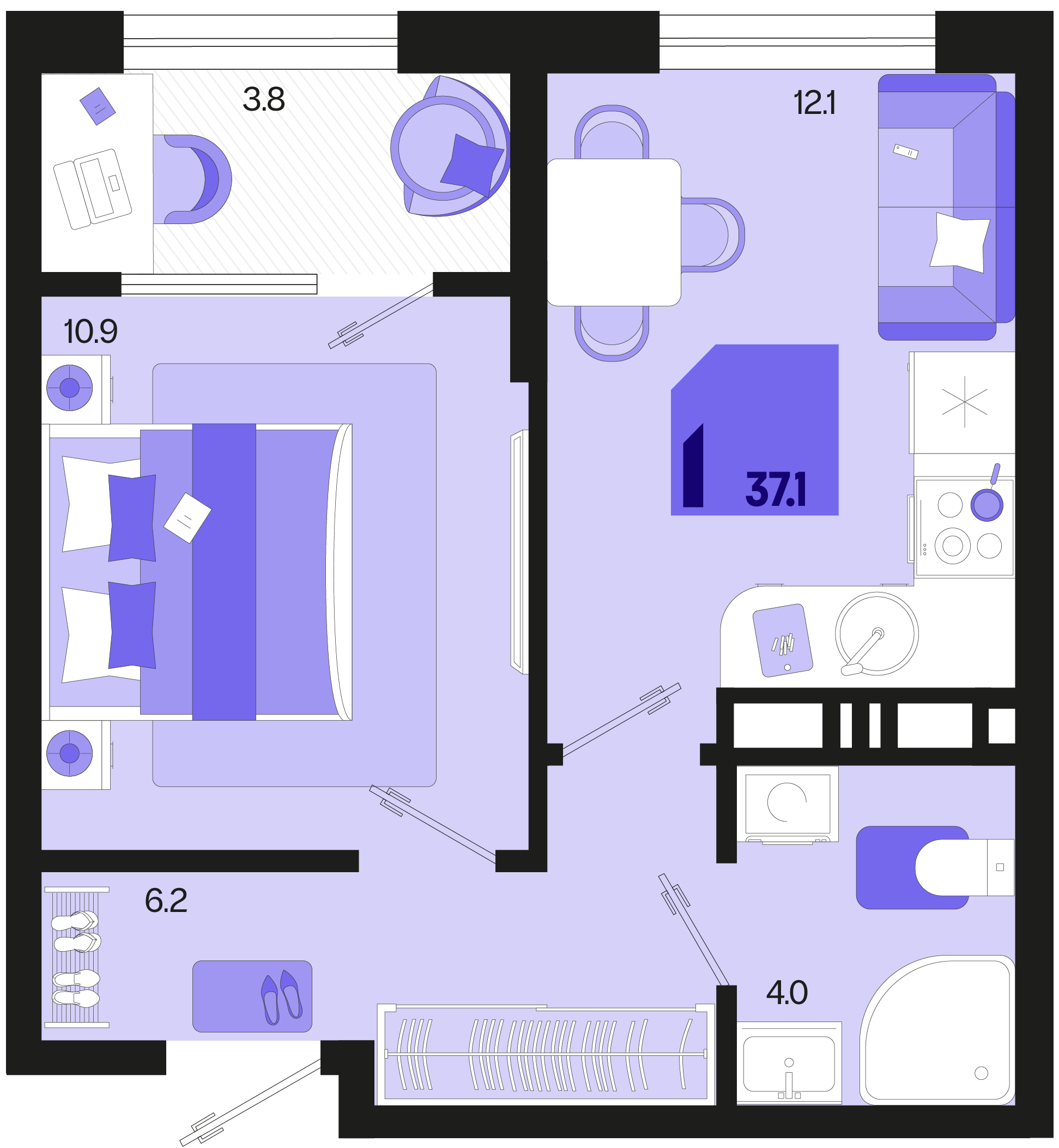 1-комнатная 37 м2 в ЖК Первое место корпус null этаж 13