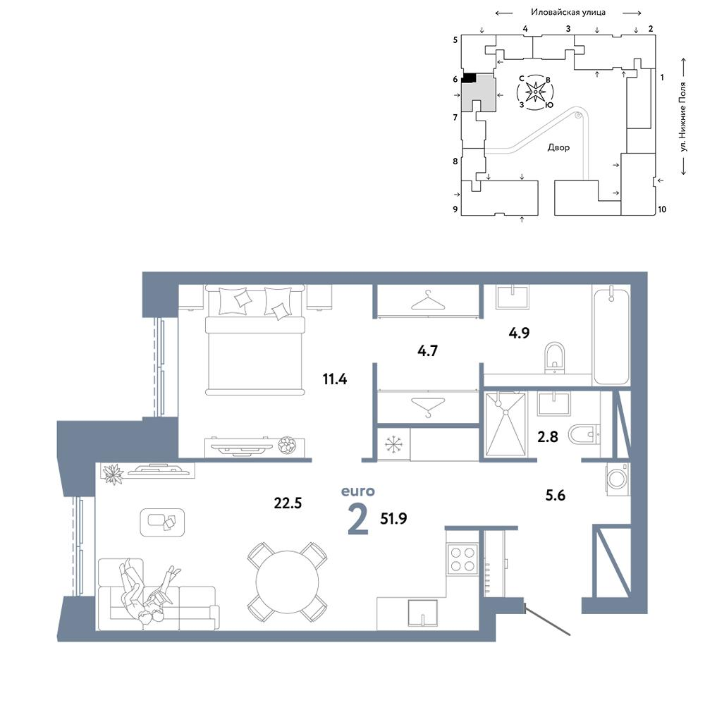 2-комнатная 51 м2 в ЖК Страна.Заречная корпус null этаж 5
