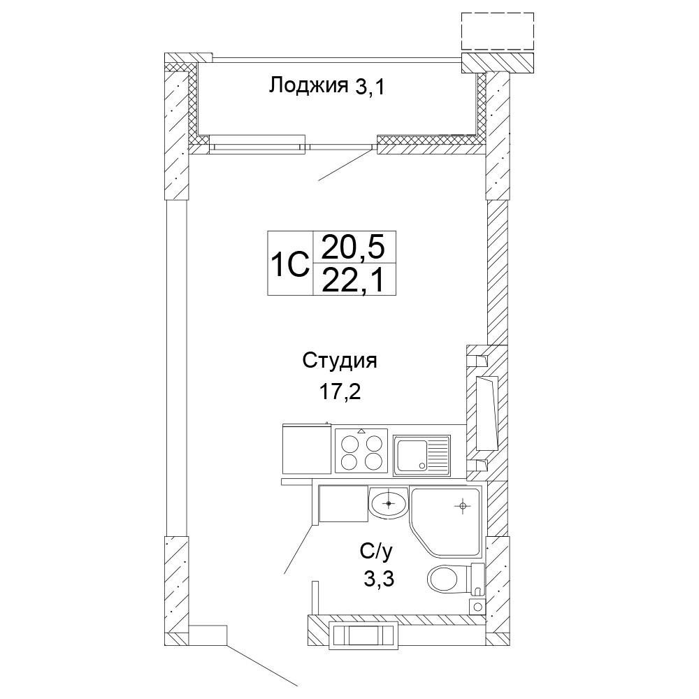 1-комнатная 22 м2 в ЖК Колизей корпус null этаж 7