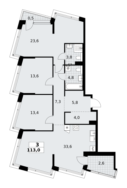 3-комнатная 113 м2 в ЖК Хольм корпус null этаж 5