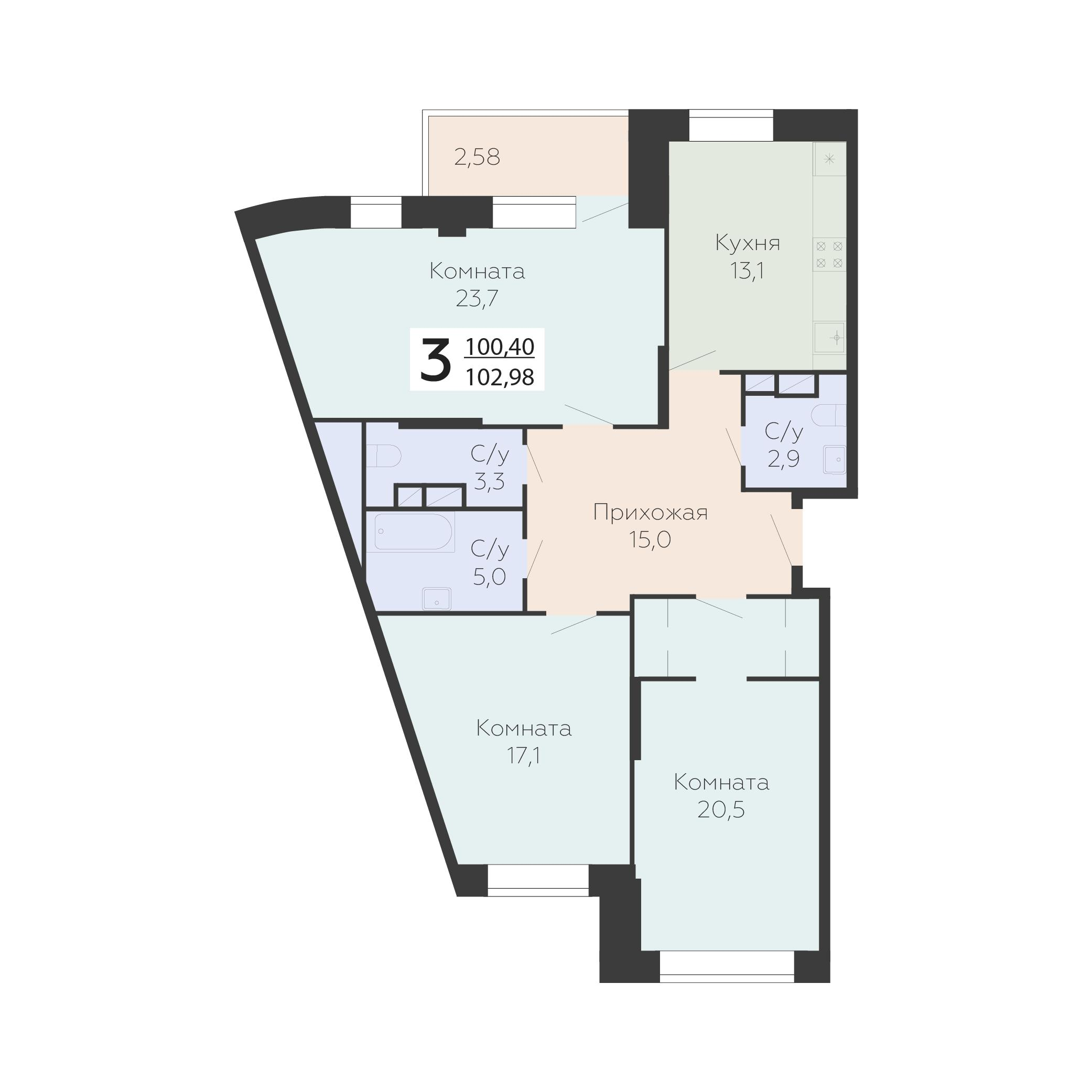 3-комнатная 102 м2 в ЖК Онегин корпус null этаж 10