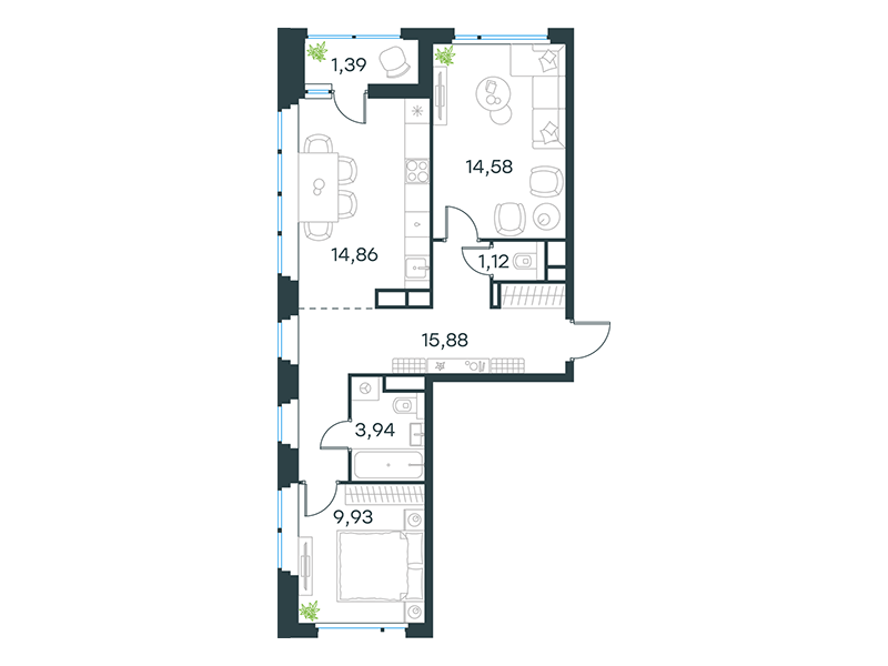 2-комнатная 61 м2 в ЖК Level Лесной корпус null этаж 12