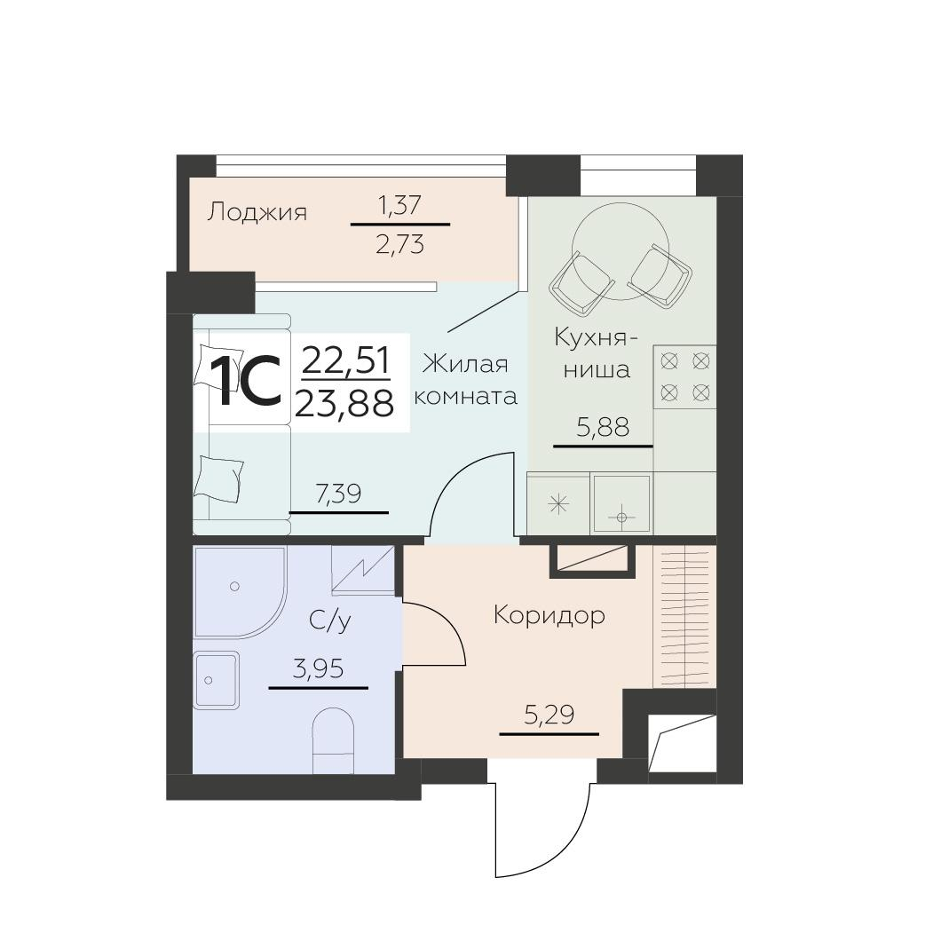 1-комнатная 23 м2 в ЖК Заря корпус null этаж 11