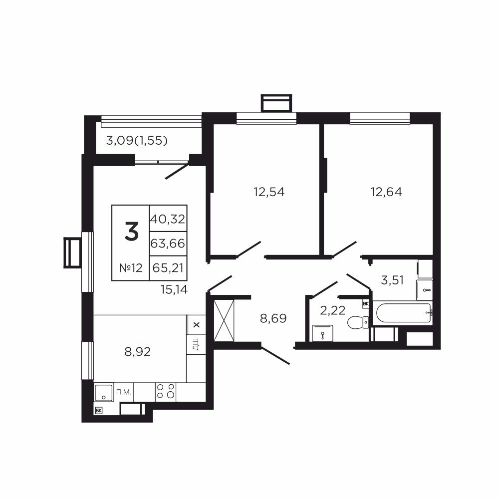3-комнатная 66 м2 в ЖК Соседи корпус null этаж 2
