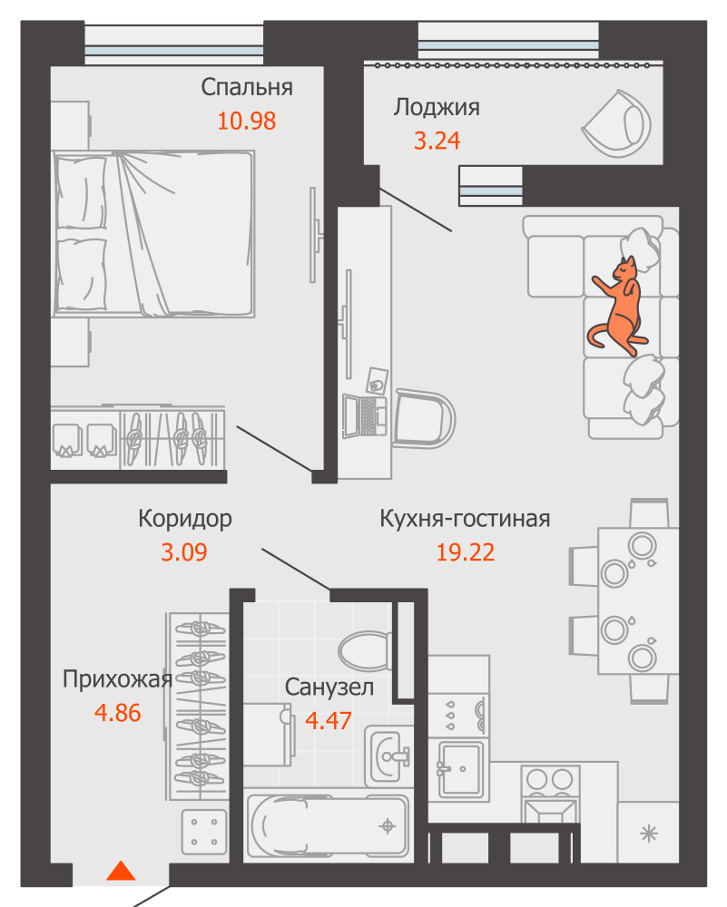 2-комнатная 44 м2 в ЖК Камаполис корпус null этаж 8