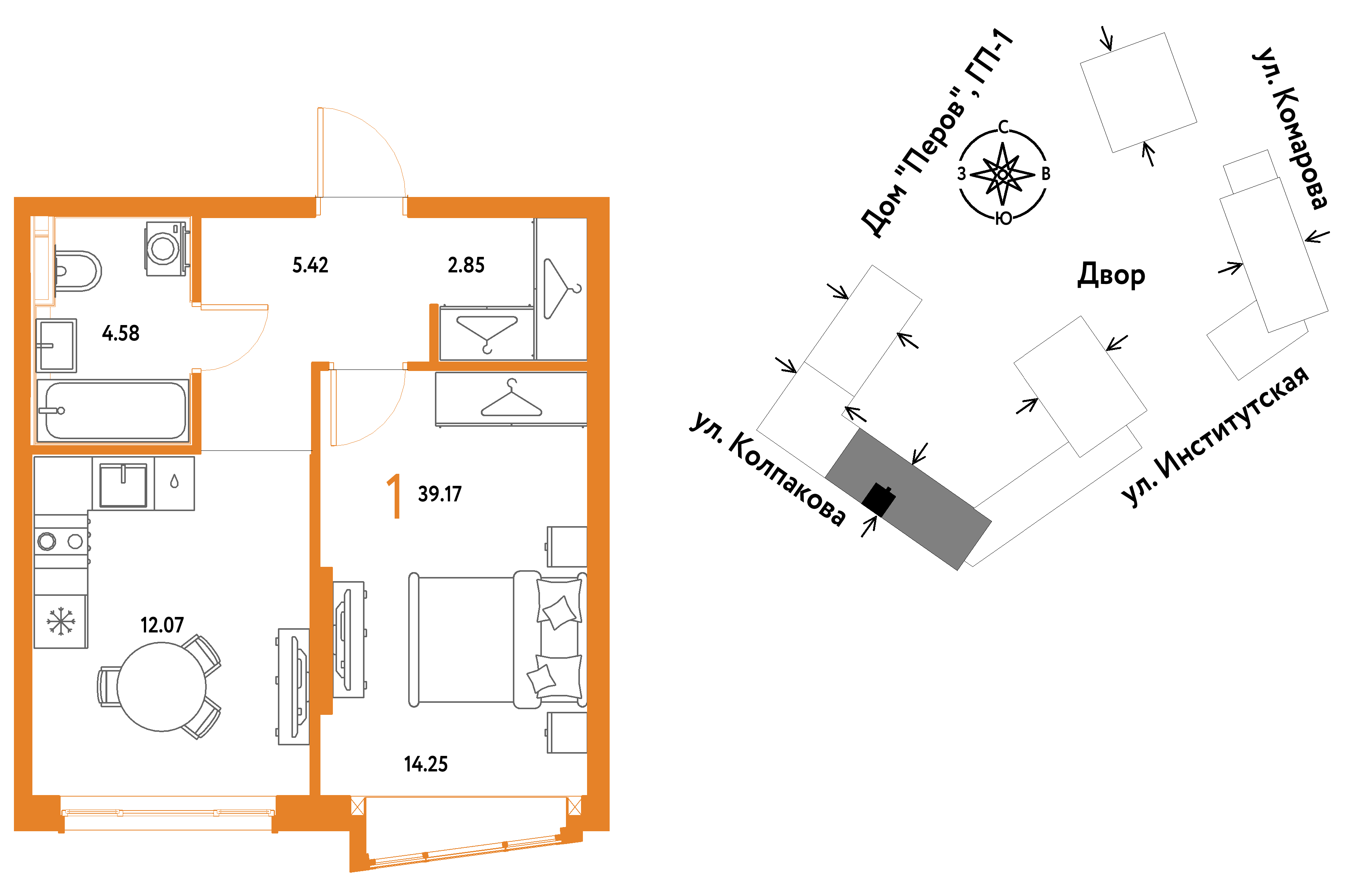 1-комнатная 39 м2 в ЖК Страна.Парковая корпус null этаж 6