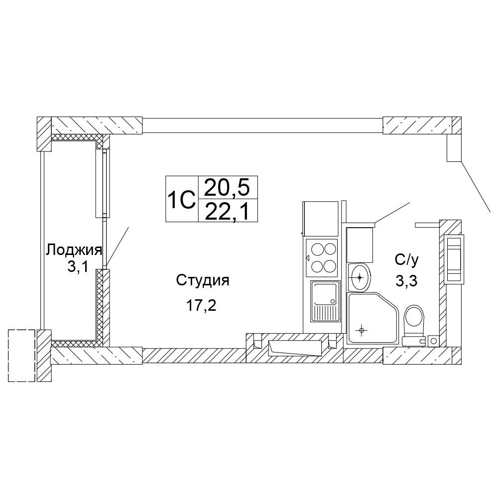1-комнатная 22 м2 в ЖК Колизей корпус null этаж 15