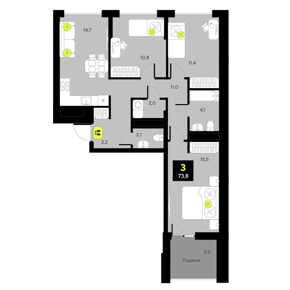 3-комнатная 73 м2 в ЖК Мотивы корпус null этаж 8