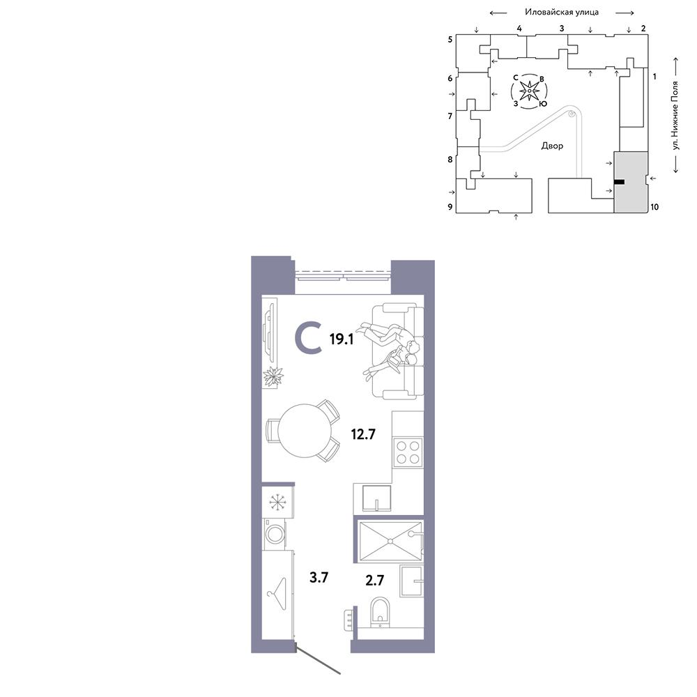 1-комнатная 19 м2 в ЖК Страна.Заречная корпус null этаж 13