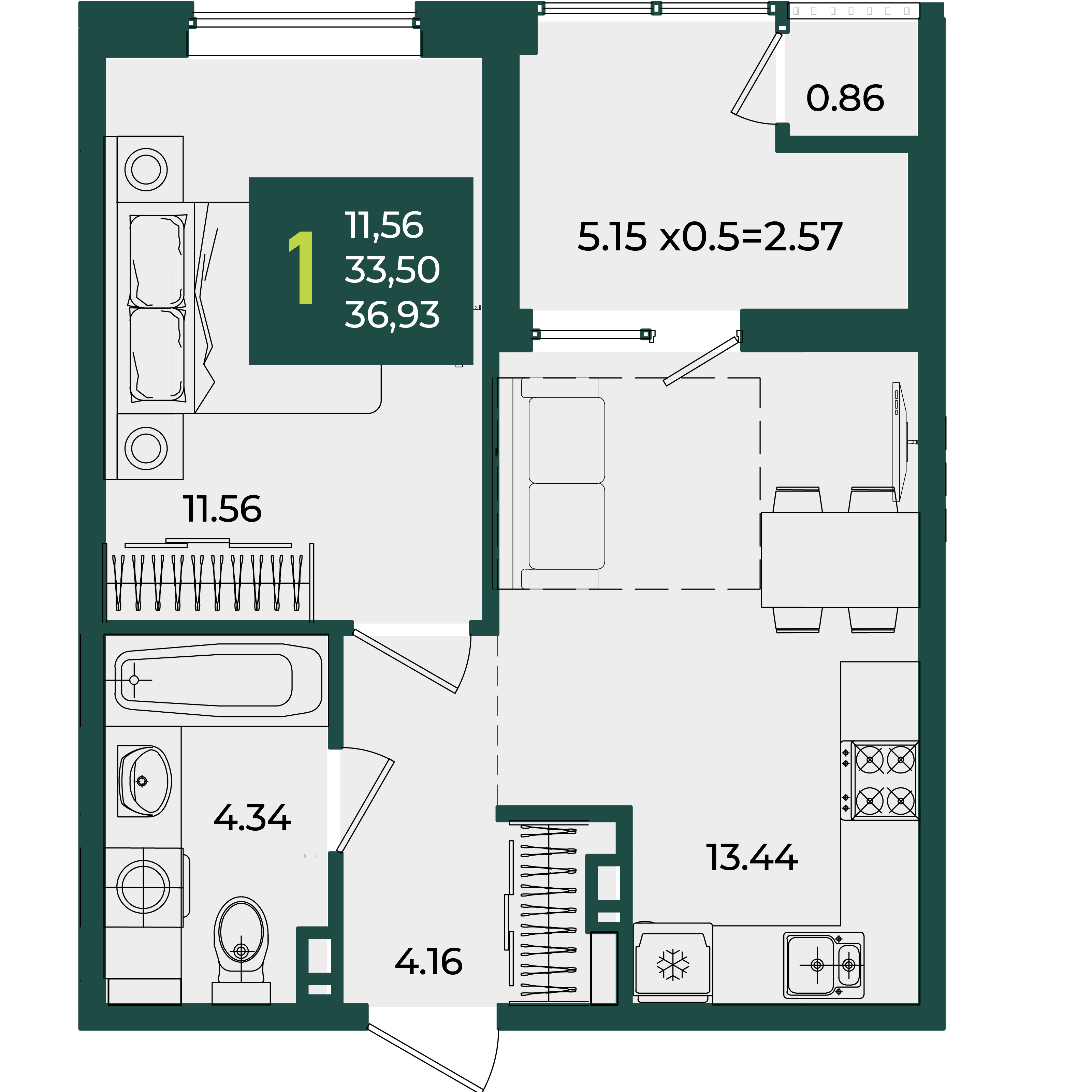 1-комнатная 36 м2 в ЖК Образцово корпус null этаж 4