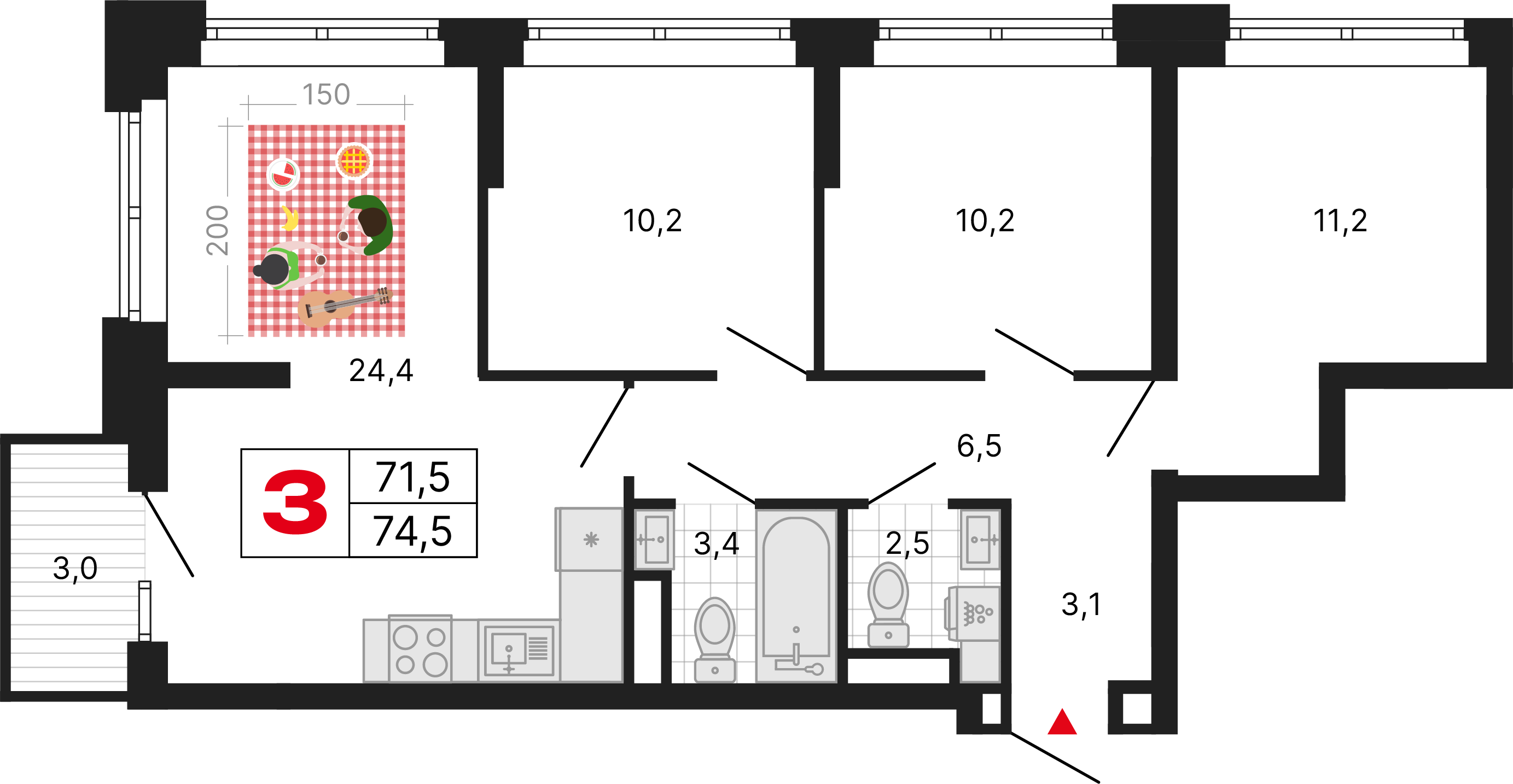 3-комнатная 74 м2 в ЖК Бестселлер корпус null этаж 5