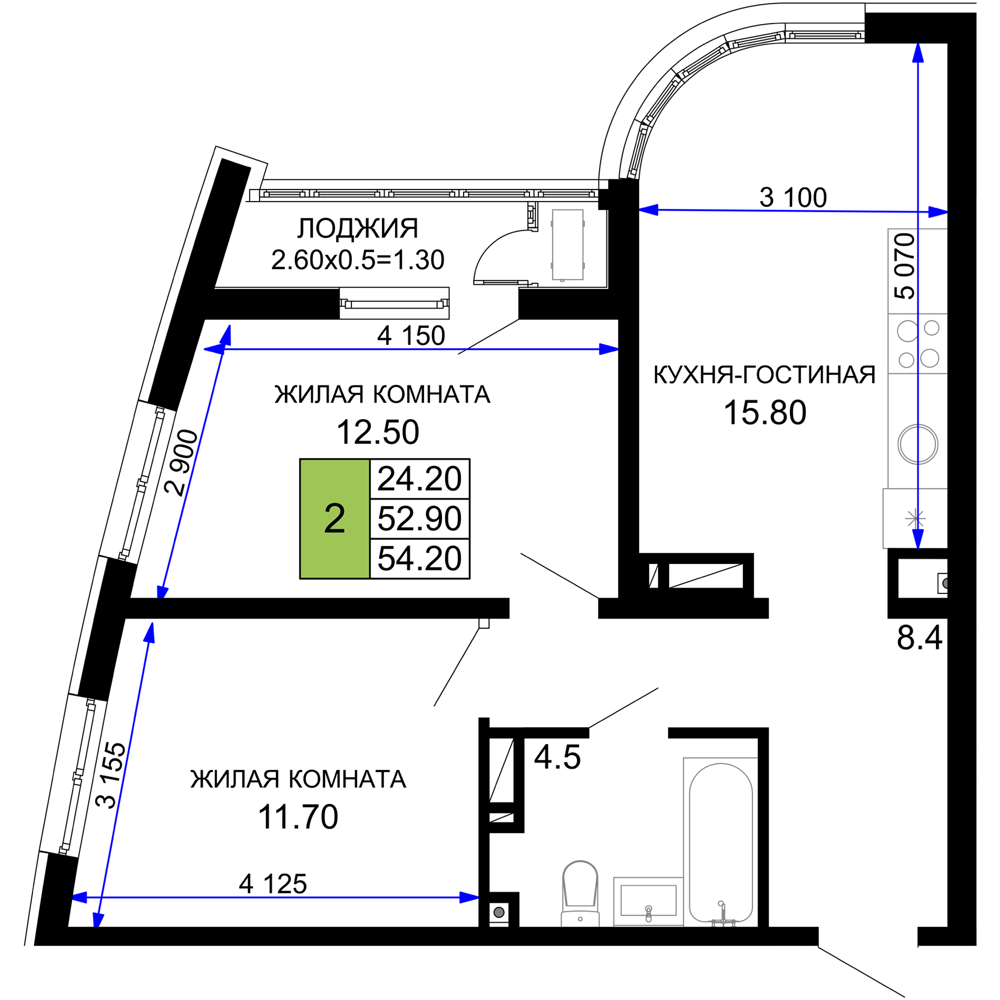 2-комнатная 54 м2 в ЖК Фонтаны корпус null этаж 9
