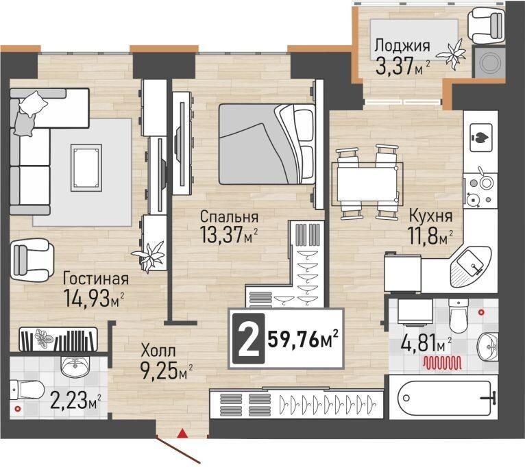 2-комнатная 58 м2 в ЖК Панорама корпус null этаж 3