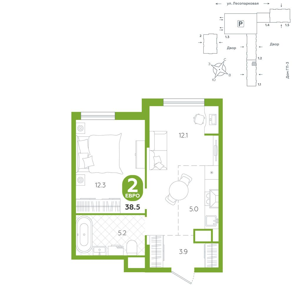 1-комнатная 38 м2 в ЖК Чистые пруды корпус null этаж 7