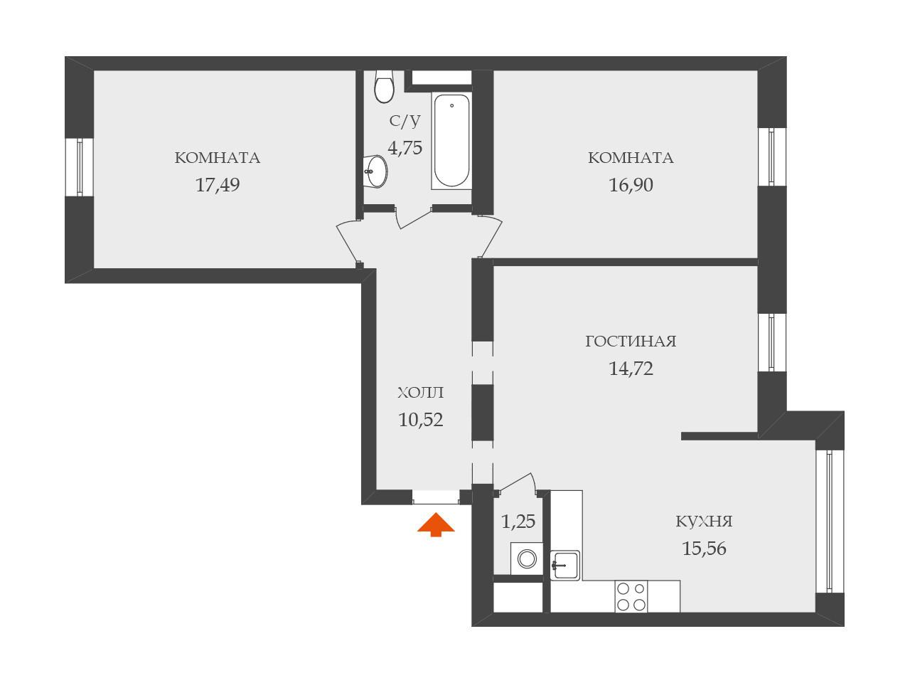 3-комнатная 71.6 м2 в ЖК undefined корпус null этаж 5