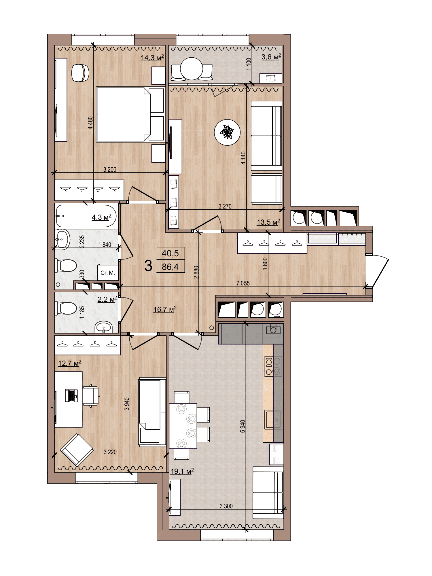 3-комнатная 86 м2 в ЖК Skyline-2 корпус null этаж 16