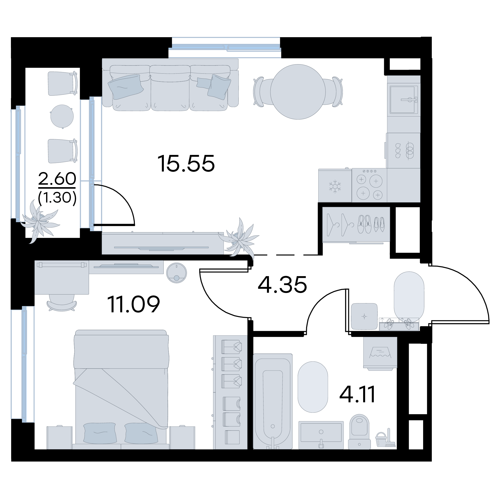1-комнатная 36 м2 в ЖК GloraX Октябрьский корпус null этаж 16