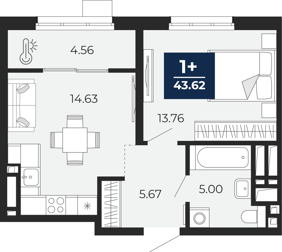 1-комнатная 43 м2 в ЖК Беринг корпус null этаж 13