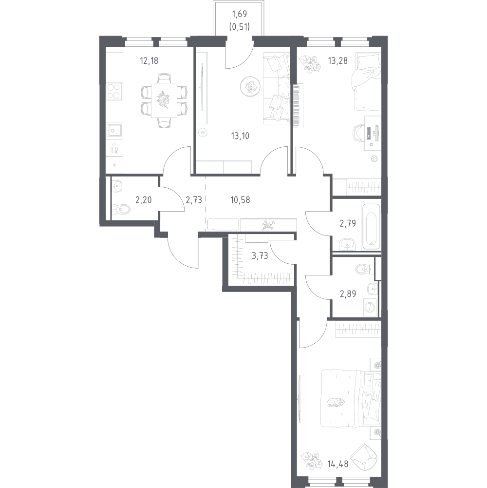 3-комнатная 78 м2 в ЖК Космический Квартал корпус null этаж 5