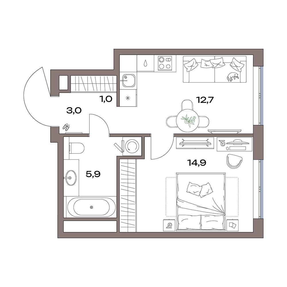 1-комнатная 37 м2 в ЖК Акценты корпус null этаж 15