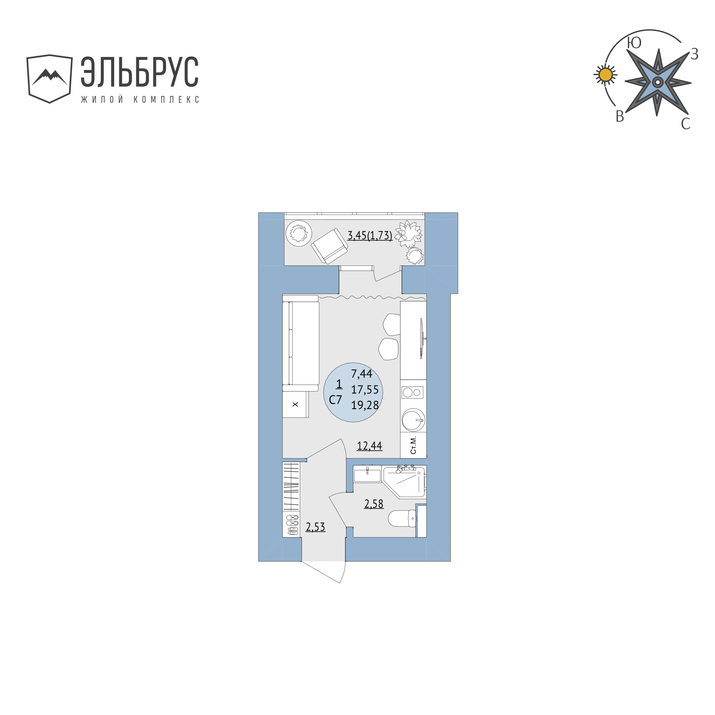 Студия 19 м2 в ЖК Эльбрус корпус null этаж 16