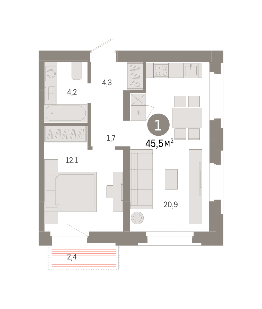 1-комнатная 45 м2 в ЖК Зарека корпус null этаж 2
