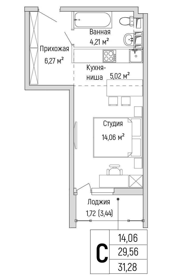 Студия 31 м2 в ЖК Riga Hills корпус null этаж 6