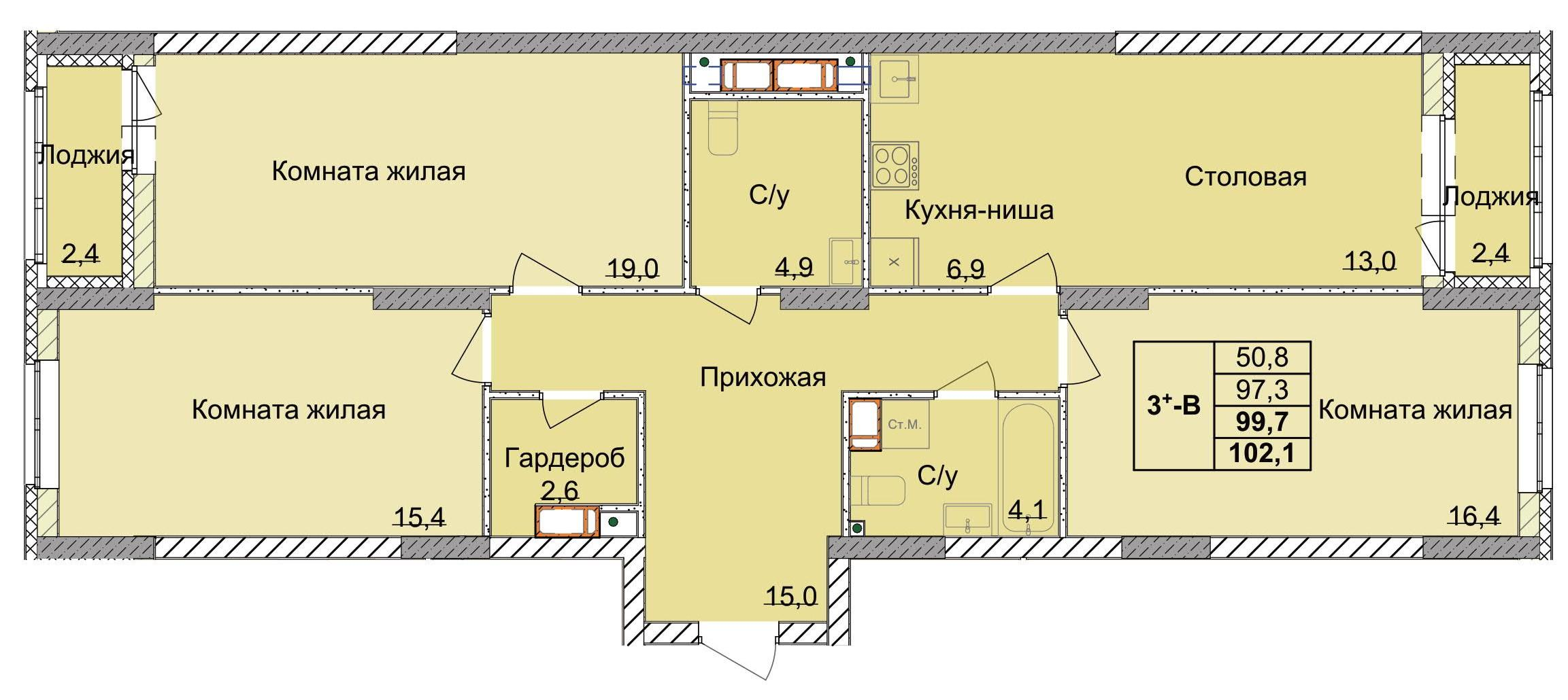 3-комнатная 97 м2 в ЖК Тетра корпус null этаж 13