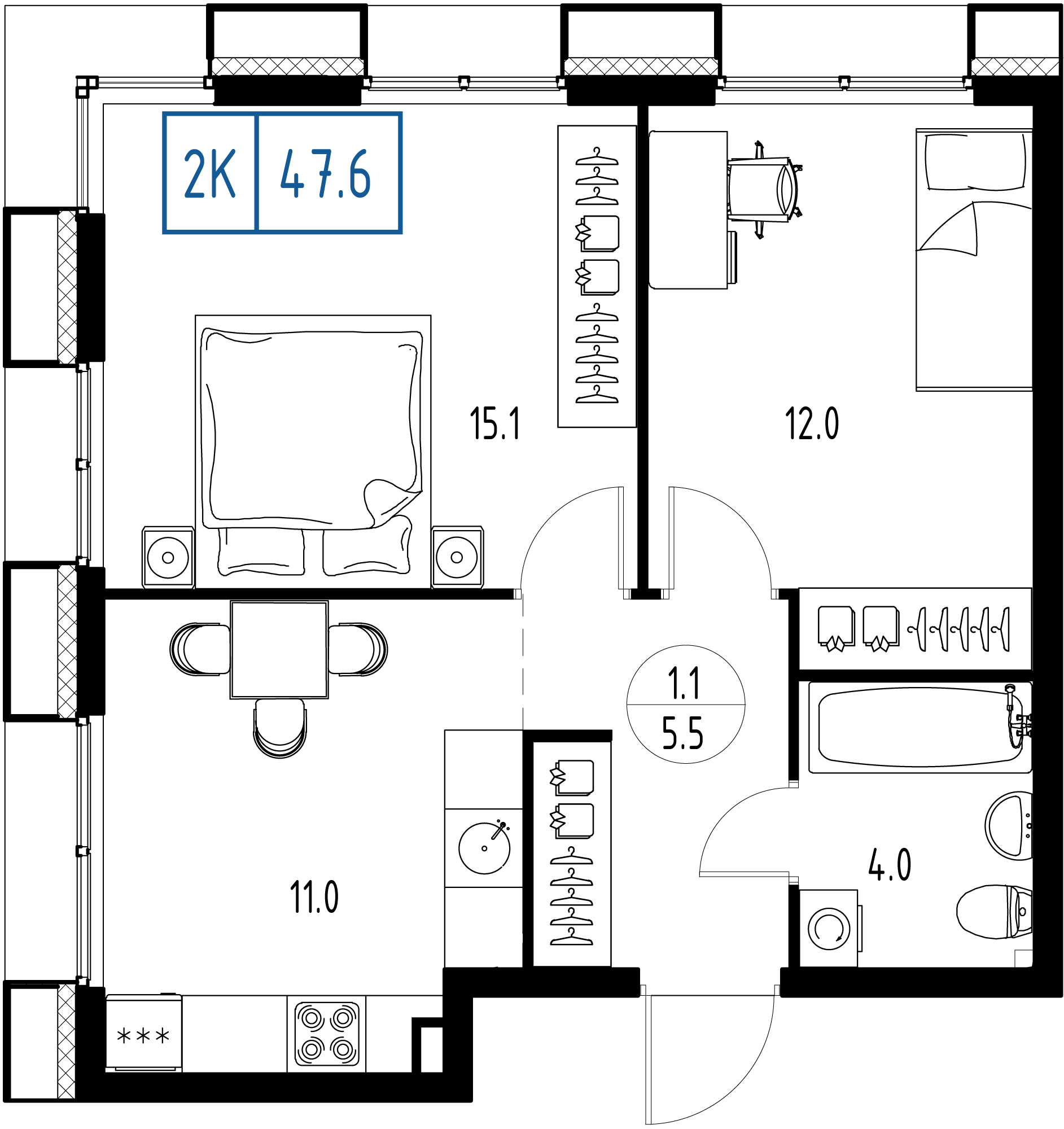 2-комнатная 47 м2 в ЖК Сколково ВАН корпус null этаж 8