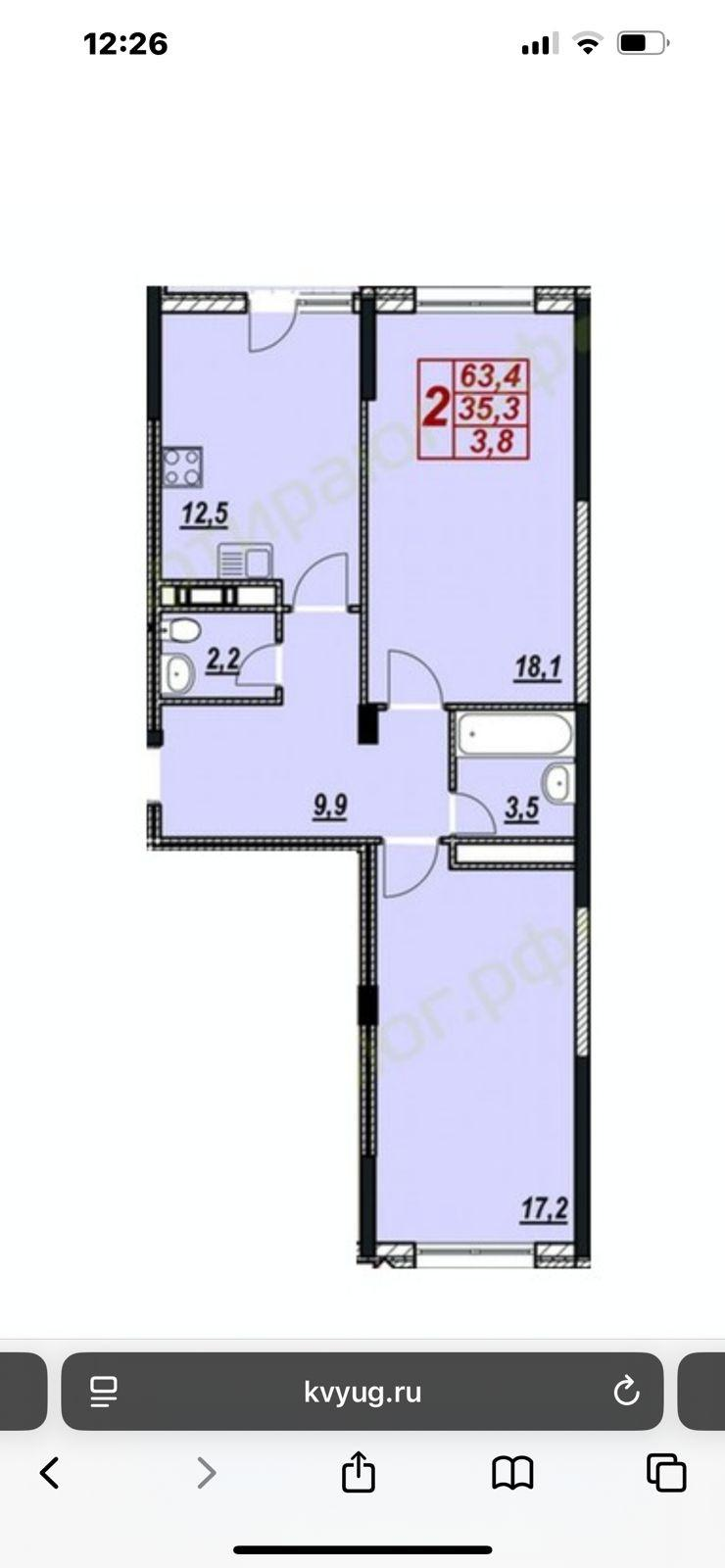 2-комнатная 63.4 м2 в ЖК undefined корпус null этаж 10