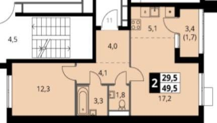 2-комнатная 49.5 м2 в ЖК undefined корпус null этаж 3