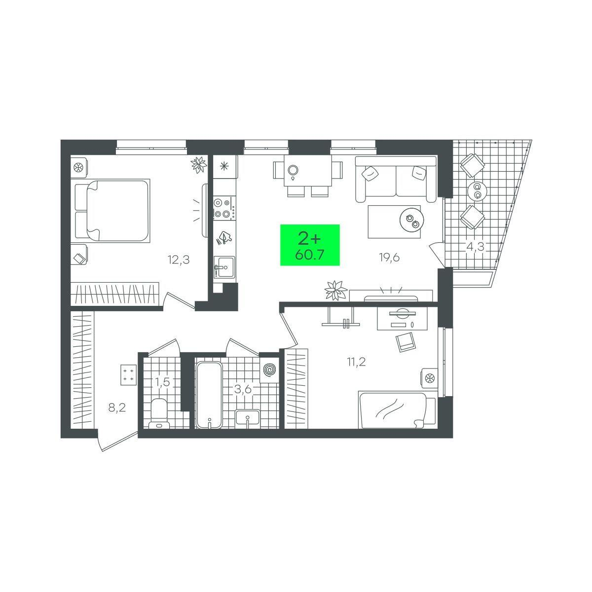 2-комнатная 60 м2 в ЖК Сезоны корпус null этаж 8