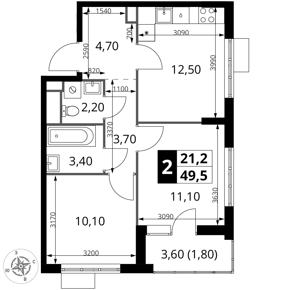 2-комнатная 49 м2 в ЖК 1-й Химкинский корпус null этаж 6