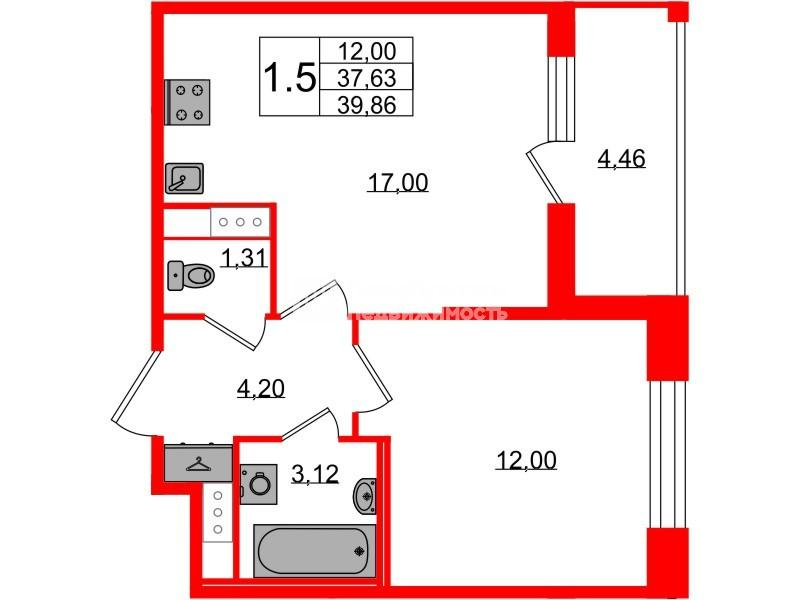 1-комнатная 37 м2 в ЖК Астра Континенталь корпус null этаж 5